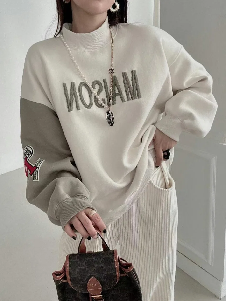 

Retro Contrast Color Letter Patch Sweatirt Women Loose Korean Sle Top Trendy Autumn Winter New Arrival Chic Personali