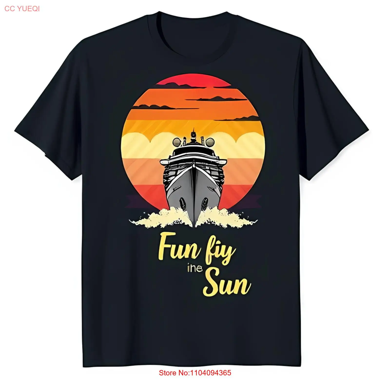 Stylish Black T-Shirt with Vibrant Yacht Sunset Graphic Embrace Summer Adventure