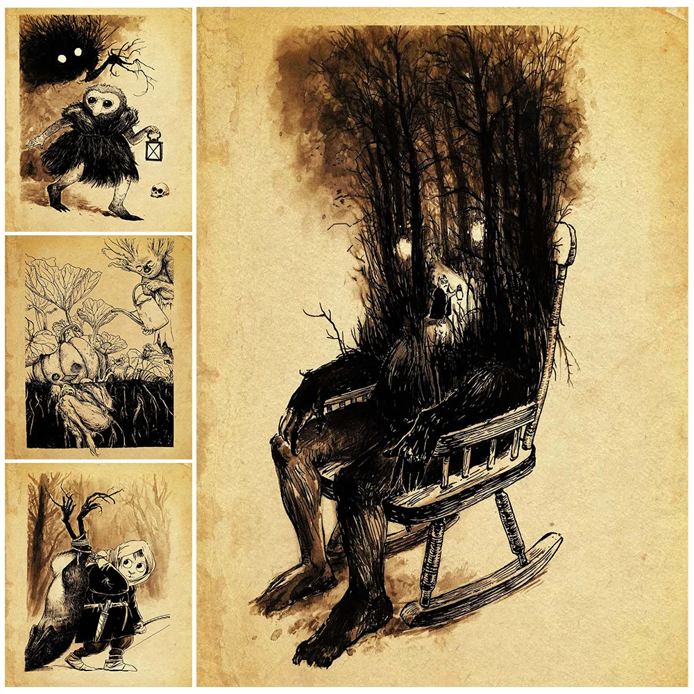 

Dragon Knight And Monster Abstract Horror Folklore Vintage Wall Art Canvas Painting Black Forest Story Art Poster Print Decor