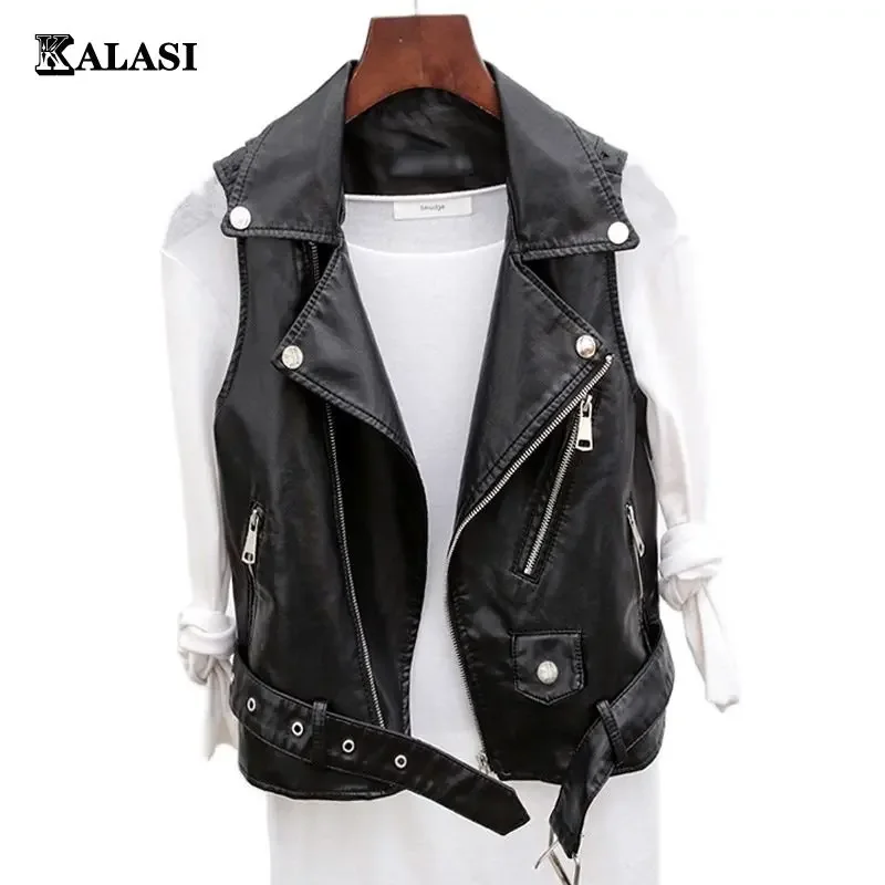 Women\'s Jacket Black PU Leather Vest Fashion Zipper Motorcycle Vest Tops Spring Autumn Steampunk Women Leather Coat Waistcoat