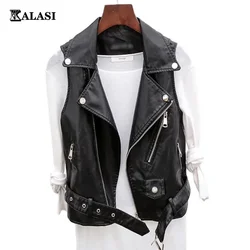 Chaqueta de cuero PU negro para mujer, chaleco de motocicleta con cremallera a la moda, Tops de primavera y otoño, abrigo Steampunk para mujer