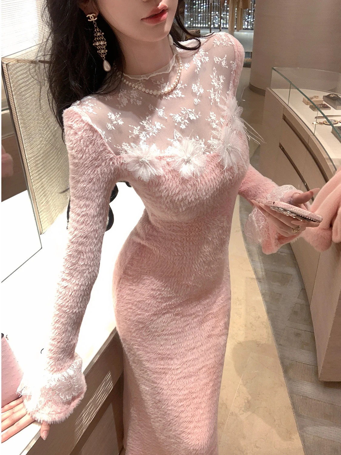 

Sy Autumn Winter Long Lace Knitted Dr Soft Polyester Spandex Blend V-Ne Bell Sve Ele Sle Women's Dr