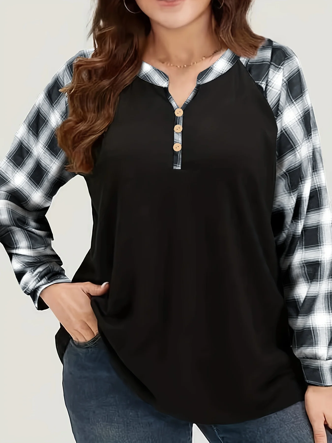 Plus Size Plaid Patchwork V Neck Button Sweatshirt