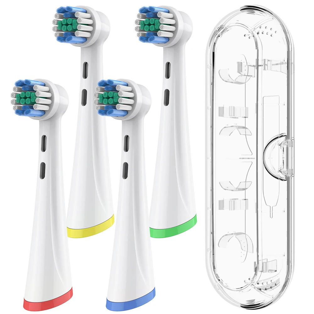 4-pack vervangende borstelkoppen en transparante opbergdoos voor tandenborstels, compatibel met Oral-B iO 2 3 4 5 6 7 8 9 10 elektrische tandenborstels