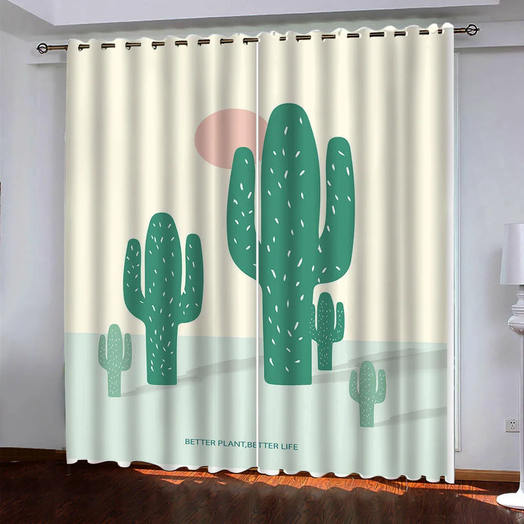 HUANZHUANG Blackout Curtains For Window Creative Cactus Cheap Custom Big Size 2 Pieces Curtains For Living Room Bedroom Drapes