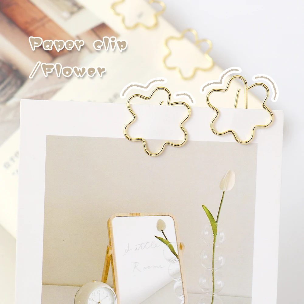 カワイイゴールドフラワーペーパークリップ、メタルバインダー、クリアピンク、写真、チケット、メモ、手紙、文房具、20個、パック