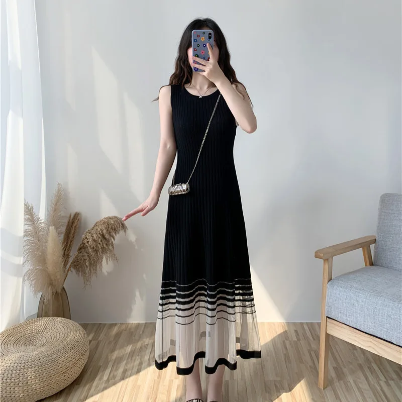 2024 Women Elegant Luxury Dress Korean Fashion Spring Summer Knitted Prom Black Plus Size Slim Mesh Women\'s Japanese Long Dresse