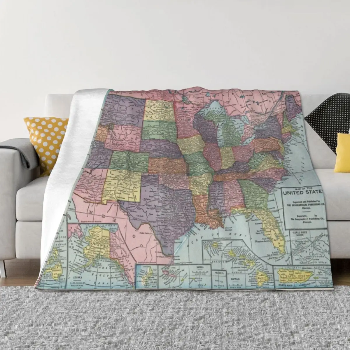 

Old United States Map (1925) Vintage USA Atlas Throw Blanket For Decorative Sofa Furrys Retros Blankets