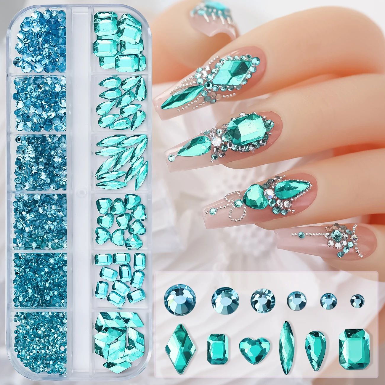 12 rejillas de diamantes de imitación 3D para decoración de uñas, color azul lago, con 2 herramientas, gemas de diamante de cristal de forma mixta, dijes para uñas para decoración de manicura de océano de verano