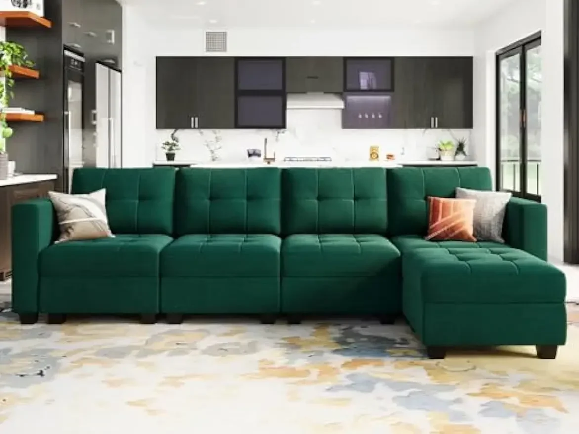 L Shaped Modular Sectional Sofa w/ Storage & Ottomans, Velvet Convertible Sleeper Couch w/ Reversible Chaise, Green