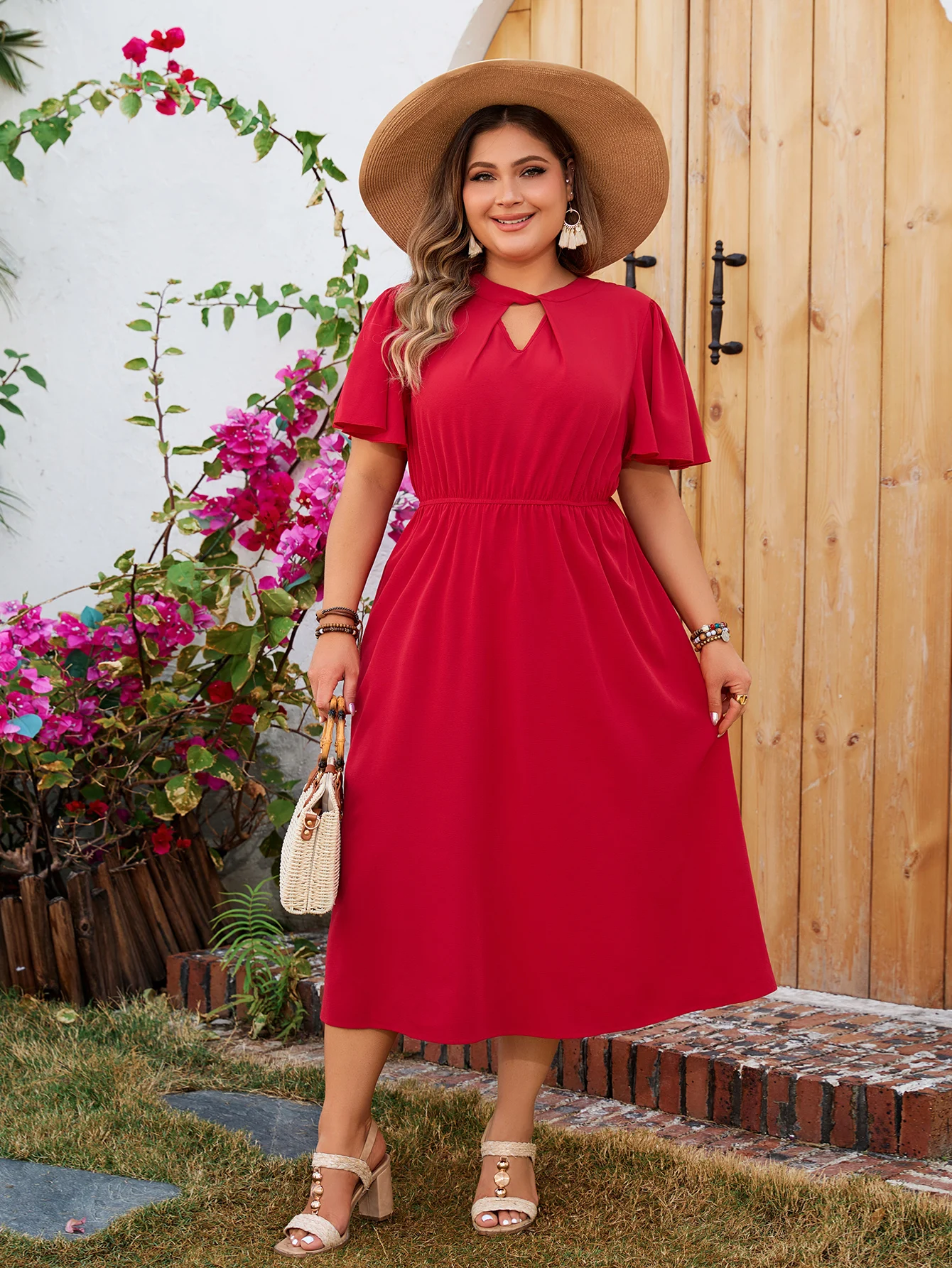 KEBY ZJ Plus Size Solid Cutout O-Neck Short Sleeve Dress 2024 New Women Elegant High Waist A-line Casual Summer Long Dresses