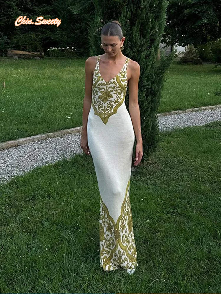 

Vintage Print Off Shoulder Elegant Slim Knitted Maxi Dress Sexy V Neck Backless Lady Bodycon Long Dresses Chic Women Party Robe