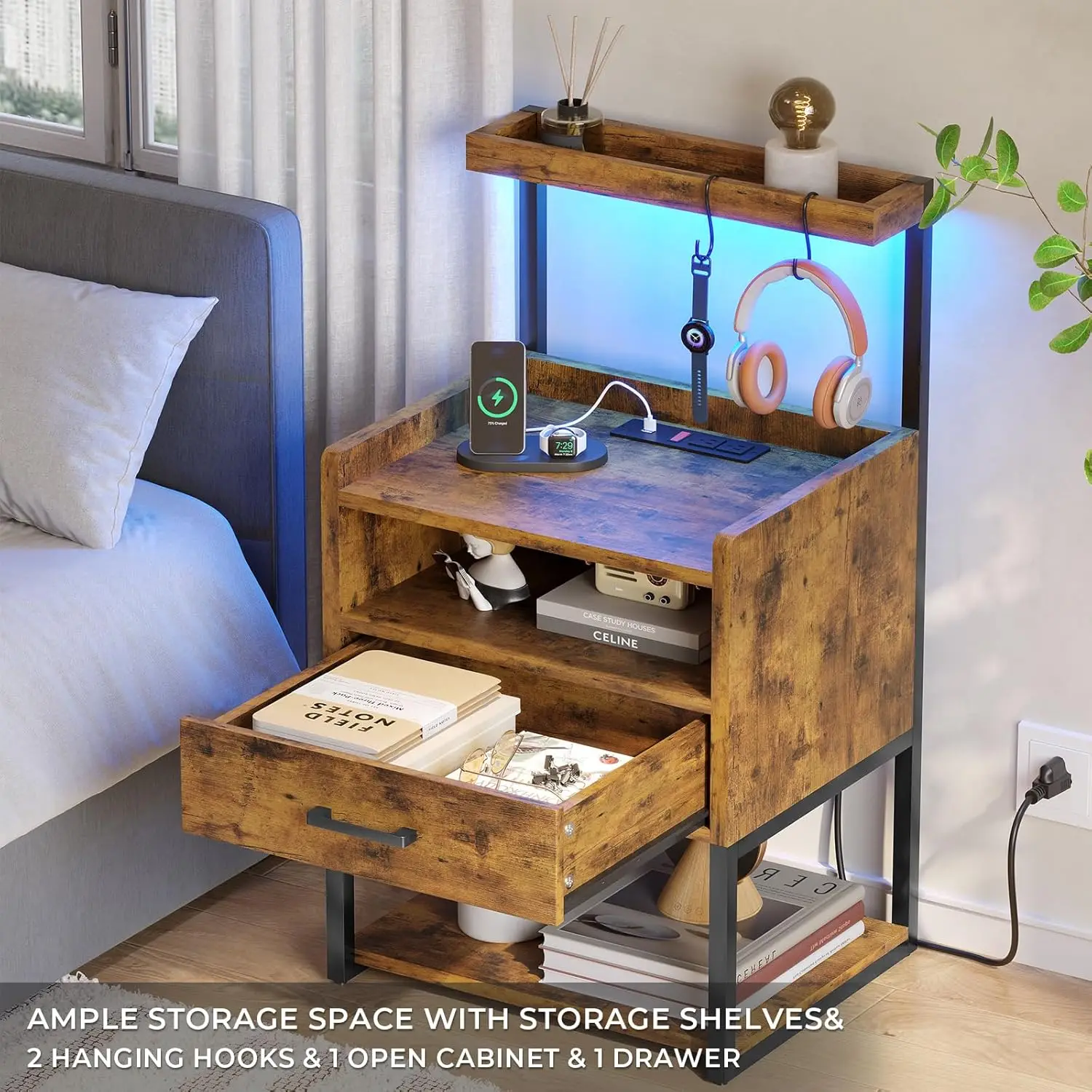 Rustic Brown Nightstands Set Of 2 With Charging Station And Led Lights, Led Night Stand Set 2 With Drawer, Rustic End Side