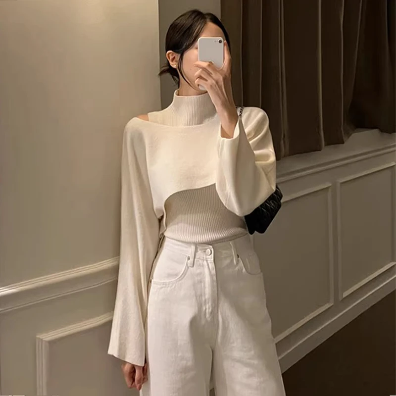 シックなニットハイカラーベスト長袖インナーウェアトッププラス多用途セーターカバーアップツーピースセット若い女性のための