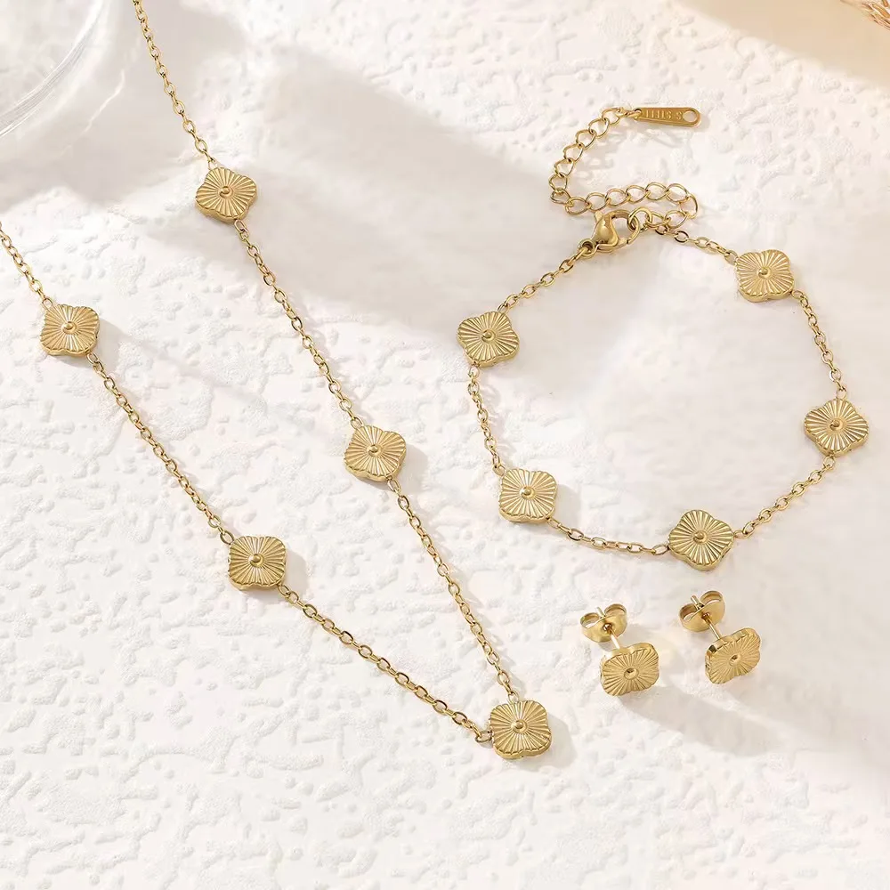 9mm أنيقة بسيطة 18K الذهب التيتانيوم الصلب لاكي البرسيم Earnail سوار قلادة مجموعة مجوهرات