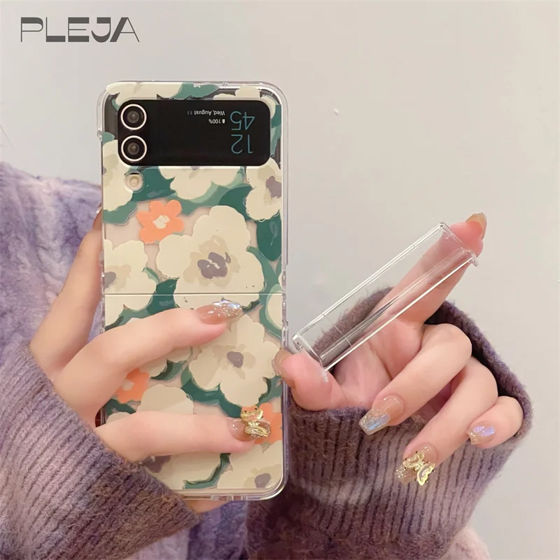 

Cute White Flower Clear Phone Case For Samsung Galaxy Z Flip 3 4 5 Silicone Protection Hard Cover For Z flip3 flip4 Flip5 Funda