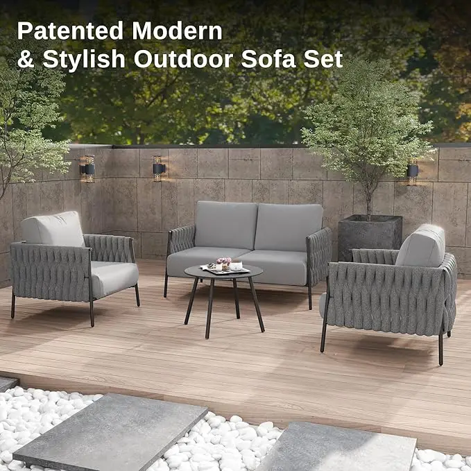 4 Pieces Patio Furniture Set, Outdoor Furniture with Coffee Table, Patio Conversation Set Deep Seating with Thick Cushion, Back