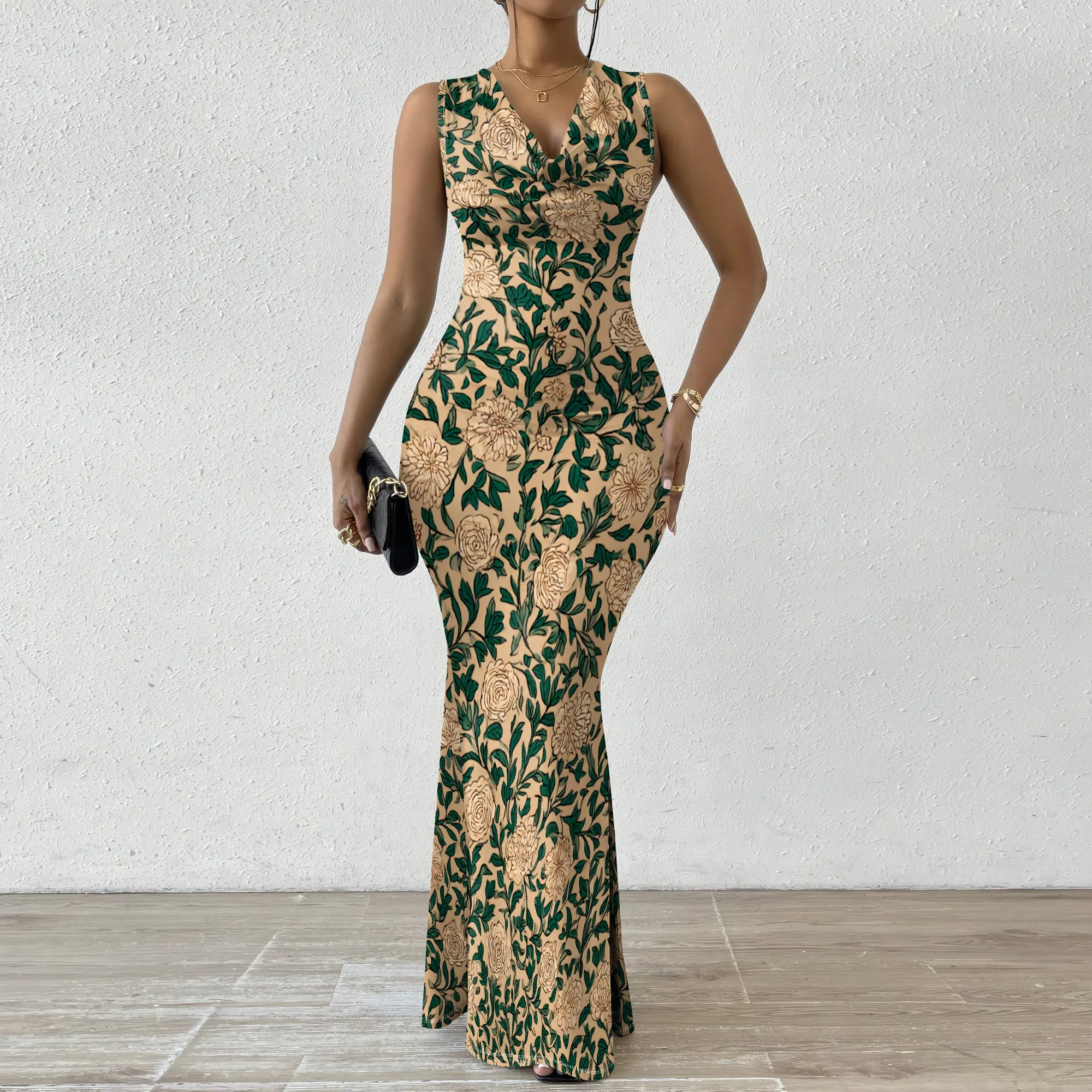 

Women's Vintage Floral Maxi Dress Sleeveless V-Neck Bodycon Party Gown XS-2XL Elegant High Waist Summer Evening Wedding Dress