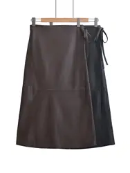 XNWMNZ 2024 Women's Fashion Autumn/Winter Faux Leather Midi Skirt Women Retro High Waist Wrap belt Tie Female Skirt