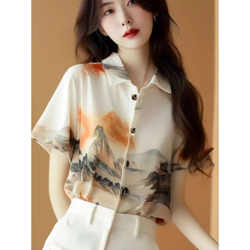 Women Summer Fashion Loose Chinese Style Printing Chiffon Polo-Neck Short Sleeve Shirts Ladies Casual All-match Elegant Top Tee