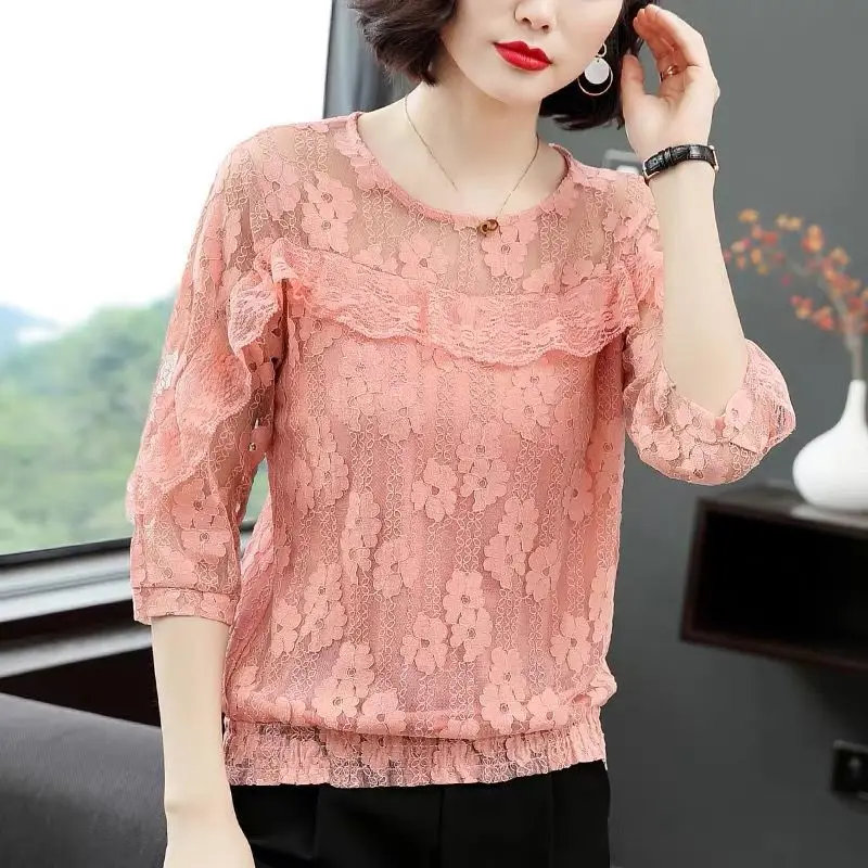 Fashion Elegant Lace Hollow Out Blouse Female Clothing Casual Sweet Ruffles Patchwork Summer 3/4 Sleeve Solid Color O-Neck Shirt