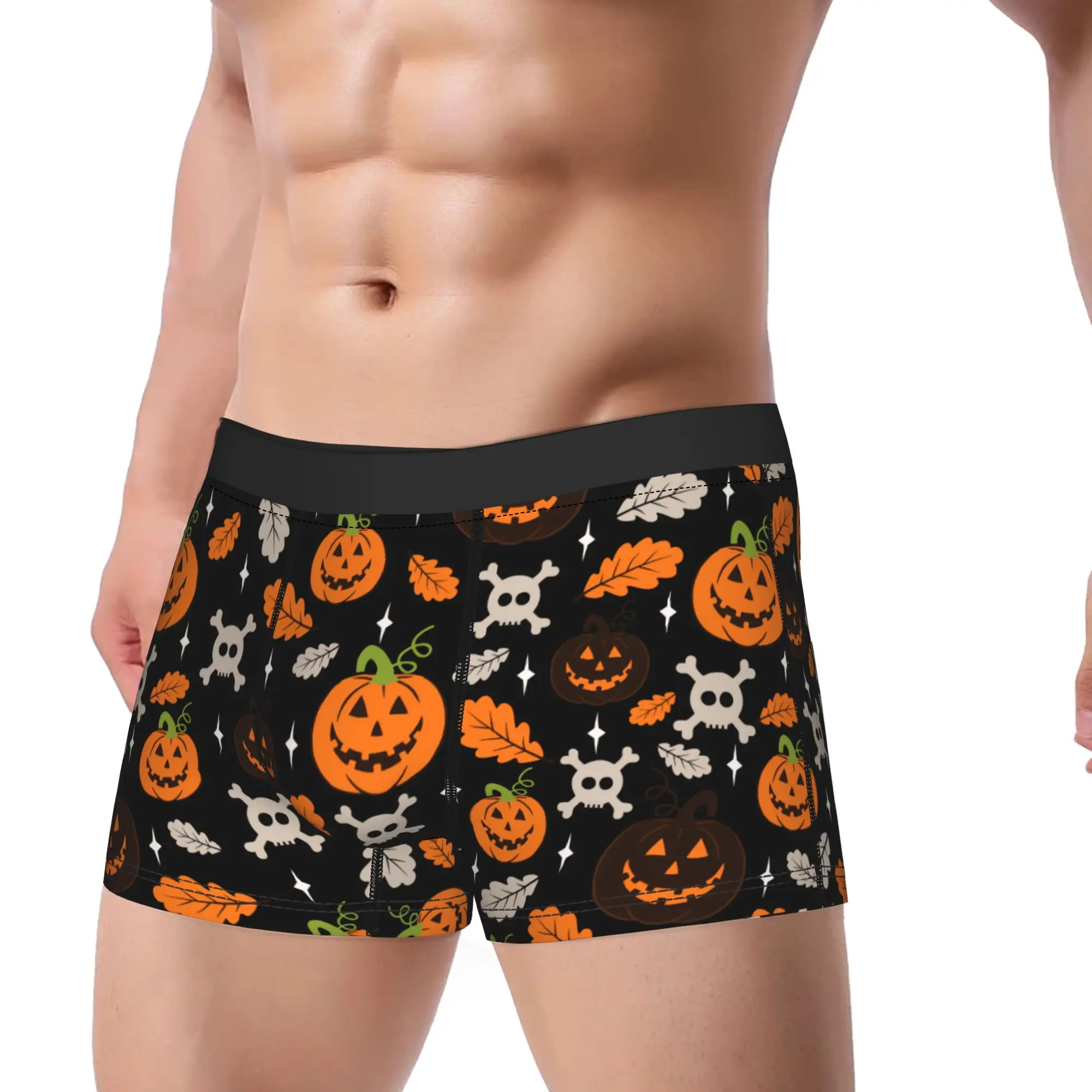 Man Skull Halloween Happy Pumpkins and Fall Leaves Long Underwear  Novelty Boxer Briefs Shorts Panties Male Soft Underpants