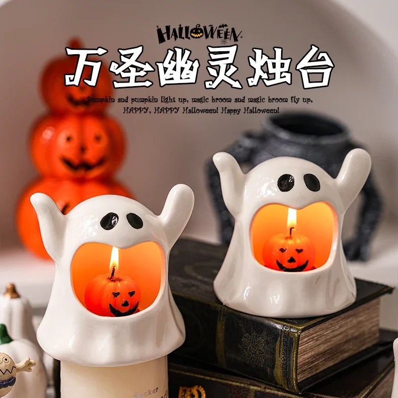 

Pumpkin Lantern Halloween Candlestick Ghost Decoration Arrangement Props Knickknack Candles Children's Gifts Dress Up