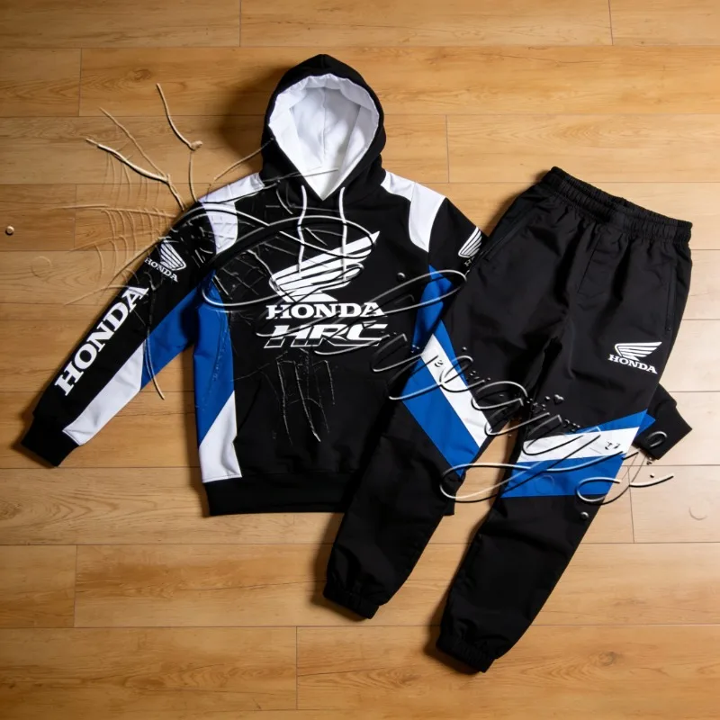 

2026 Autumn/Winter New Honda HRC Racing Enthusiast Cycling Set Men's MOTO Off Road Sports Hoodie Pants Warm Two Piece Set