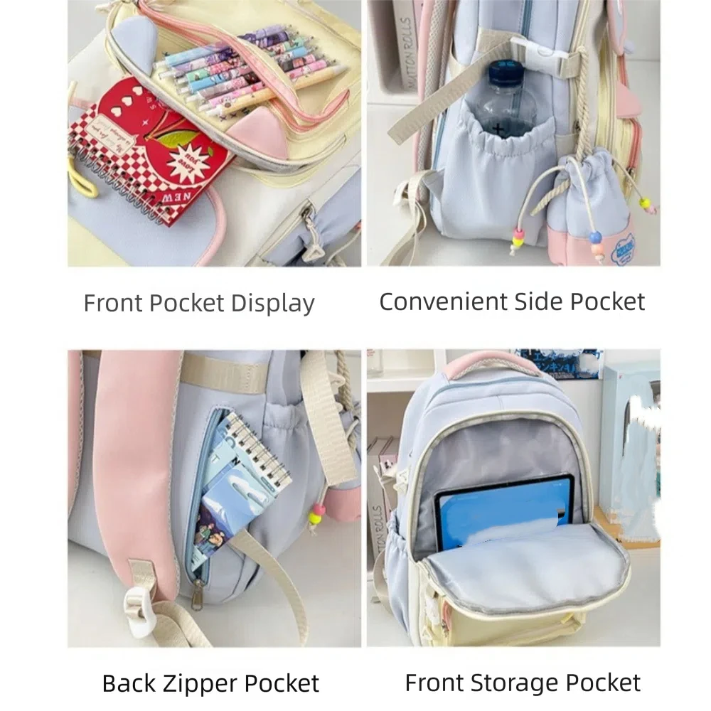 Sacs à dos de grande capacité pour filles, pochette transparente, sacs d'école de couleur assortie, sac à bandoulière à poches multiples pour étudiants