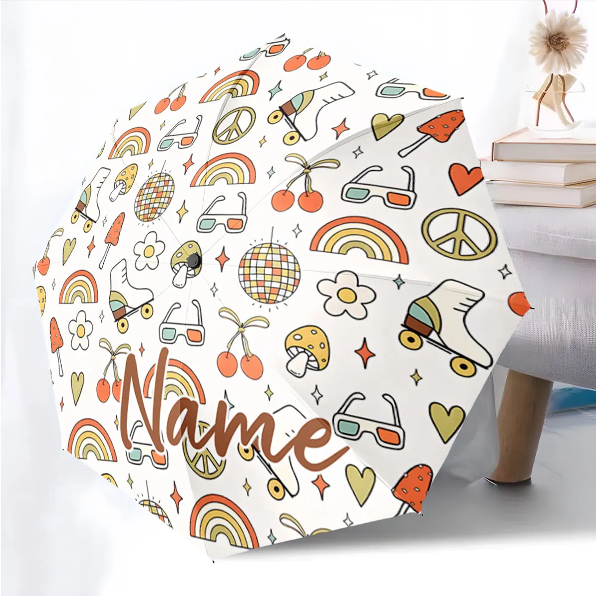 Custom Name Colorful Pattern Umbrella with Retro Style Print 8 Iron Ribs Folding Umbrella, Auto-Open Fashion Sunshade
