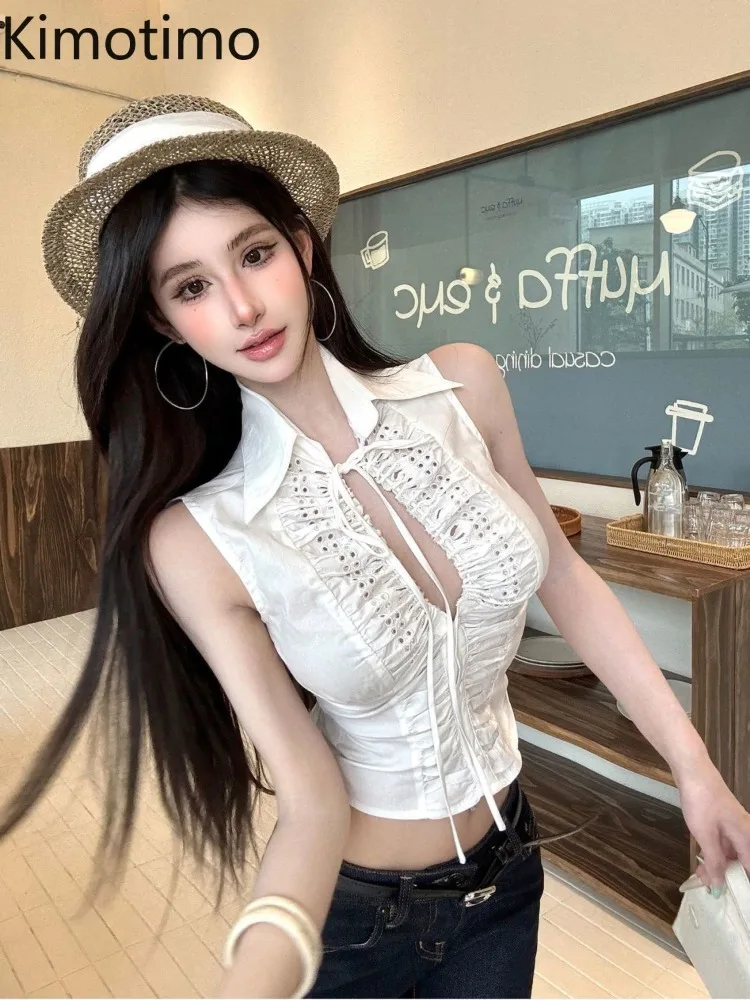 

Kimotimo Spicy Girls Sleeveless Crop Top 2025 Summer Lapel Hollow Out Lace Up Slim Fit Waist Folds Shirt Fashion Chic Y2k Blouse