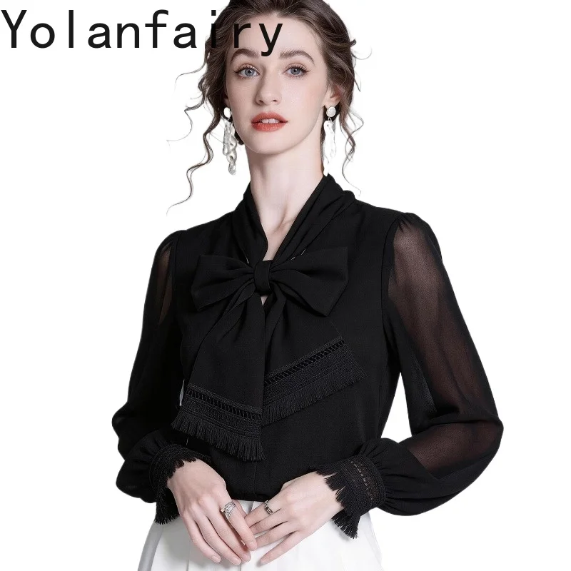 

YOLANFAIRY 64% Acetate Shirts for Women Spring 2026 Elegant Long Sleeve Blouses Woman Fashion Embroidery Black Shirt Luxury