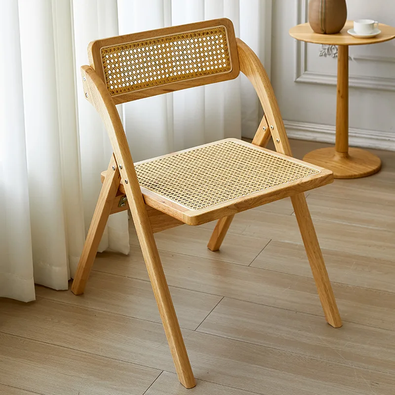 Solid wood rattan dining chair household medieval wabi-sabi sub-portable folding rattan back chair