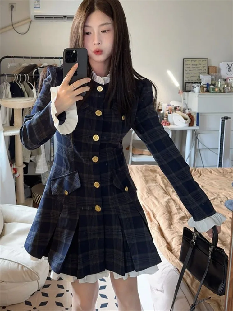 French Small Fragrance Plaid Dresses Women 2024 Spring Long Sleeve Robe Slim Waist Vestidos Korean Chic Pleated Female Dress