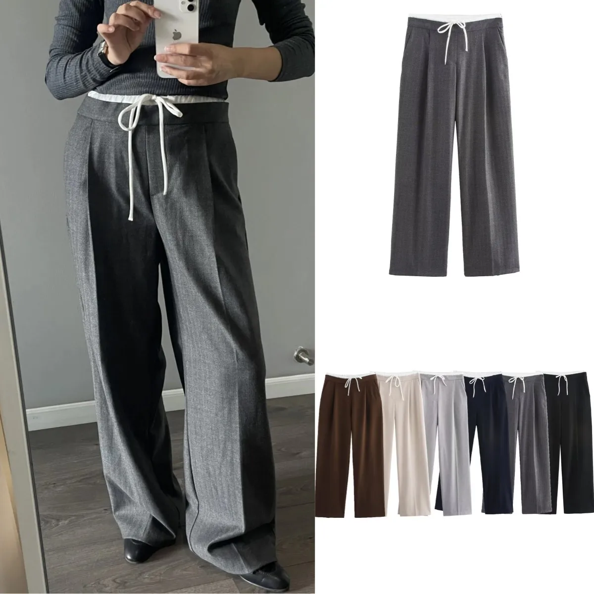 

ETJ 2025 spring new TRAF elegant women's casual all-in-one suit pants Fashion double waist wide leg pants multi-color option