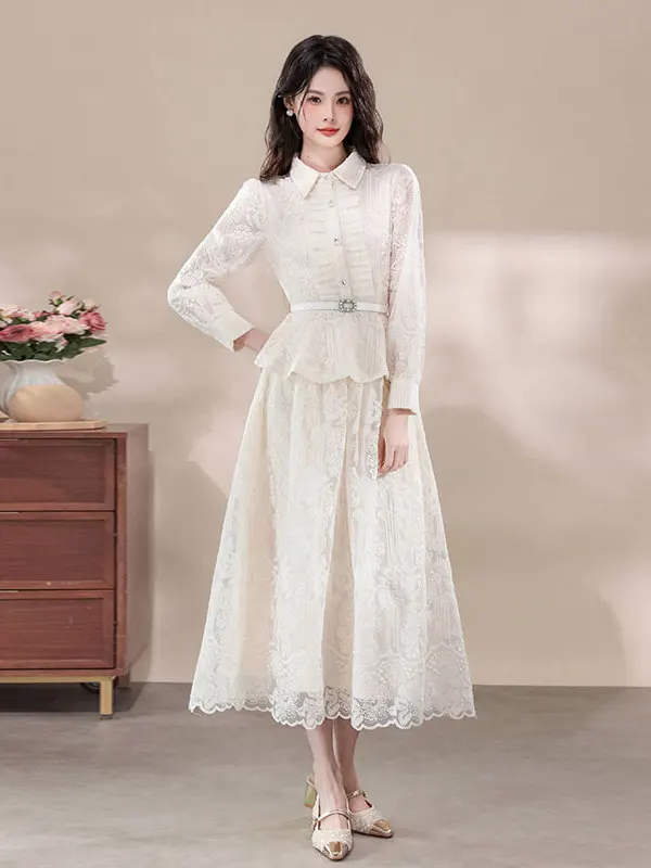 

Elegant Lace Top And Skirt Set Gentle Style Two-Piece Suit Spring 2026 Fashion Women's Comfortable Long Sleeve Button Closure