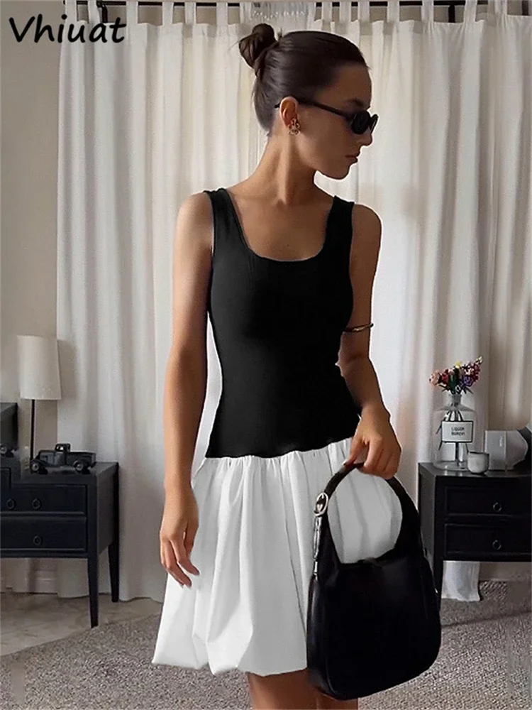 Vhiuat Patchwork Casual Fashion Sleeveless Backless Slim Short Dresses 2024 Women Off Shoulder Elegant Party Vestidos Summer