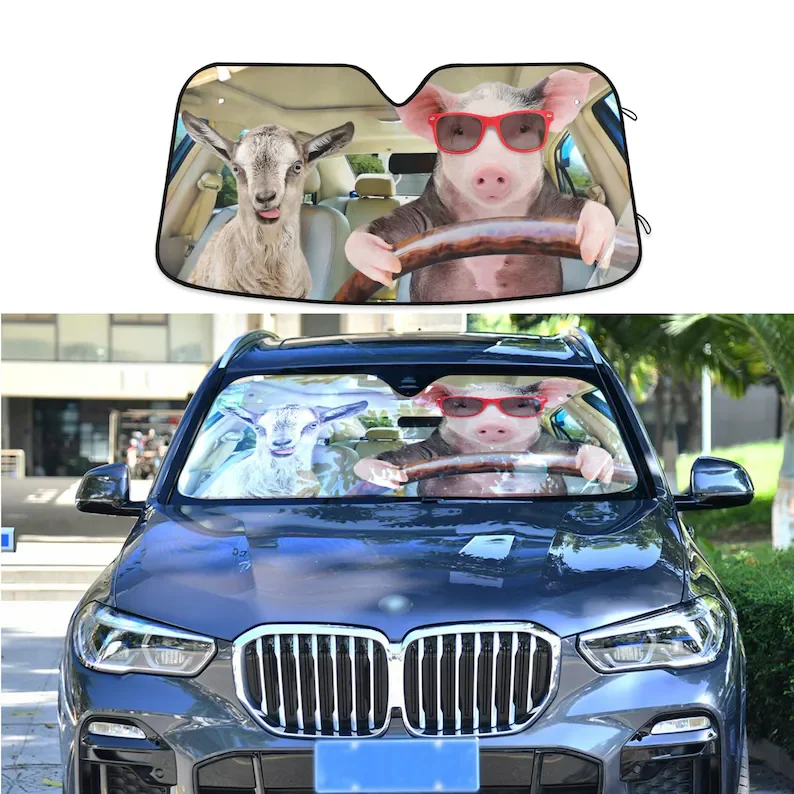 Pig in sunglasses carrying goat in car car auto sun visor windshield auto parts auto protection window sun visor trim