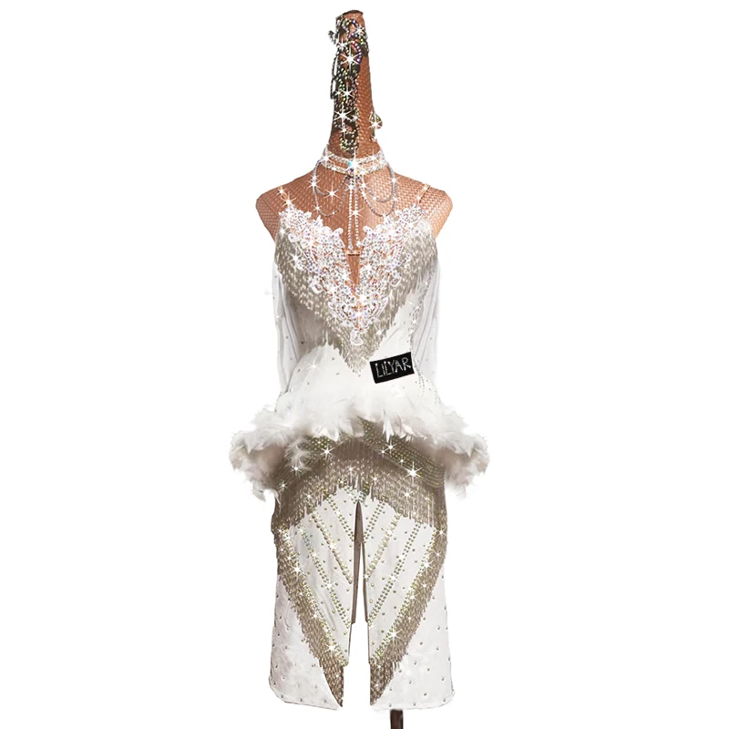 LILYAR New Latin Dance Performance Competition Performance Solid Color Sleeveless White Feather High-Grade Dance Dress