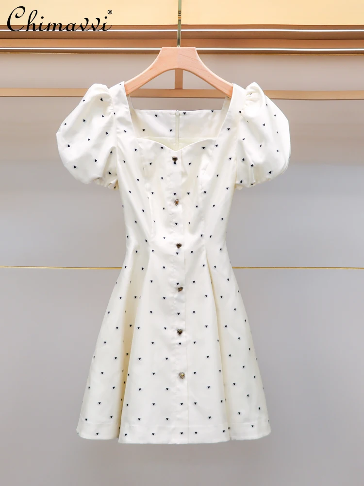 French Elegant Retro Love Dot White Dress 2024 Summer Sweet Peach Collar Puff Short Sleeve Single-Breasted Short Dress for Women