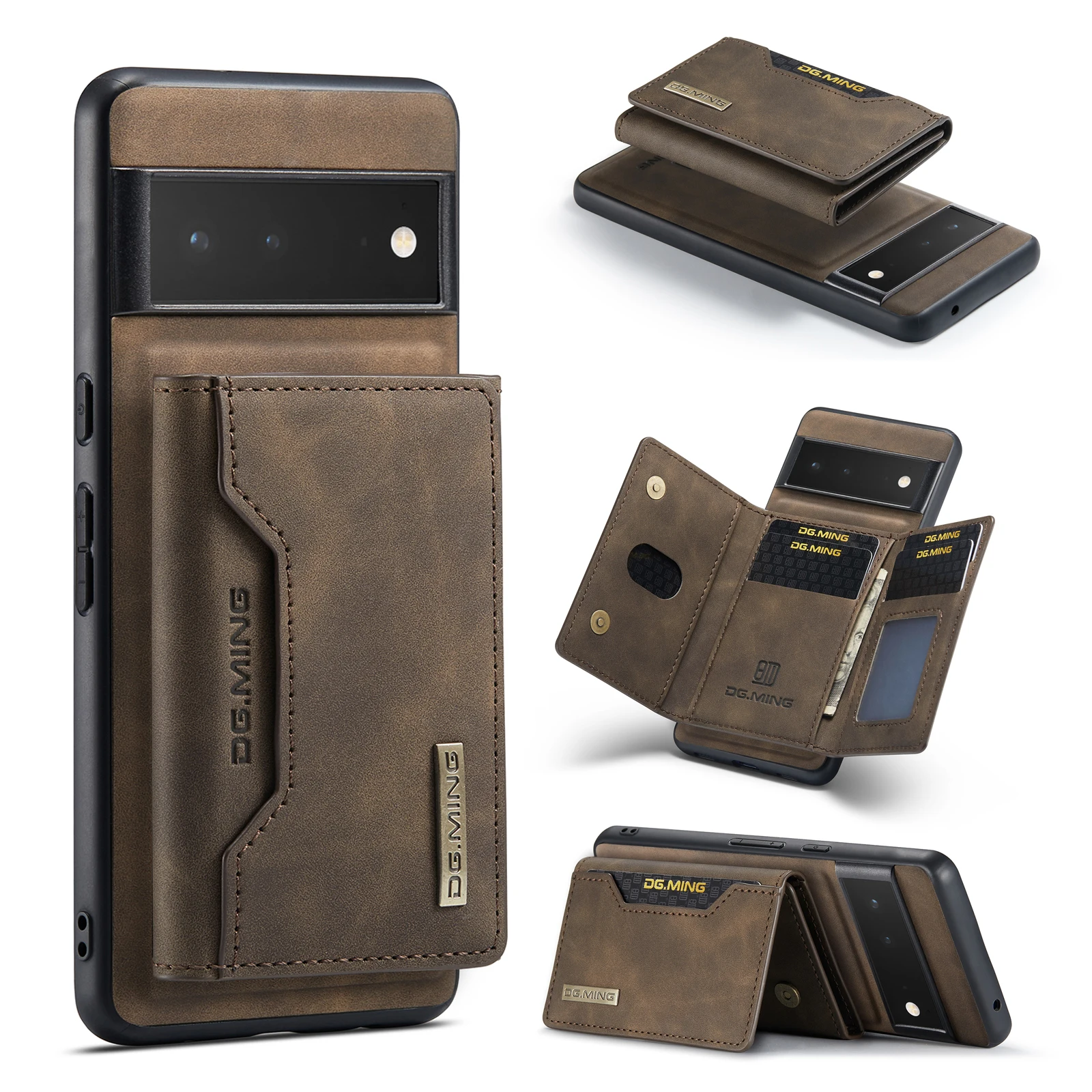 

DG.MING Vintage 2in1 Magnetic Detachable Leather Wallet Case for Google Pixel 8 7 Pro 6 6A 5A Retro Card Slot Holder Back Cover