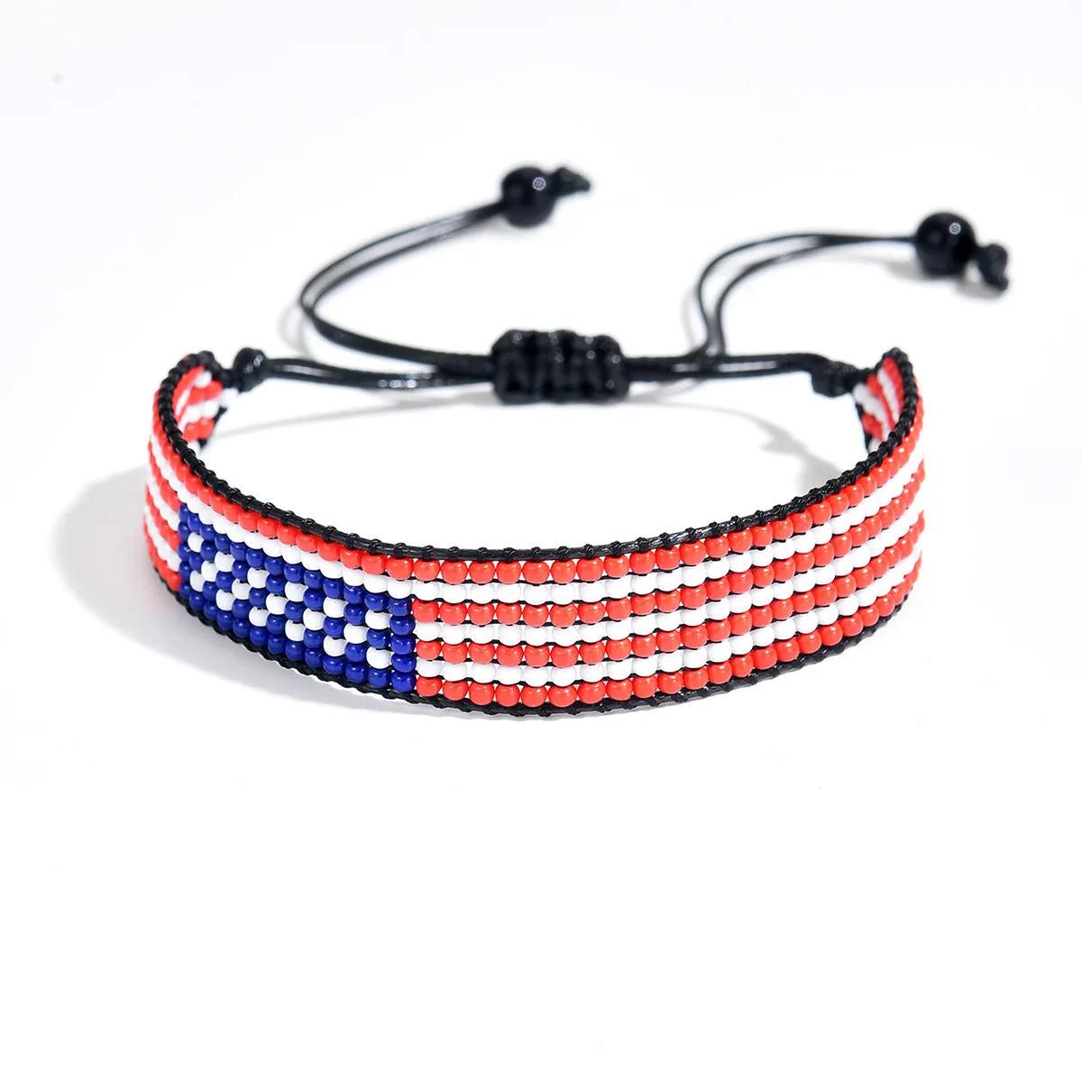 Meetvii Handwoven Seed Bead Pull Adjustable Bracelets National Flag Color Fan Commemorative Wristband Jewelry