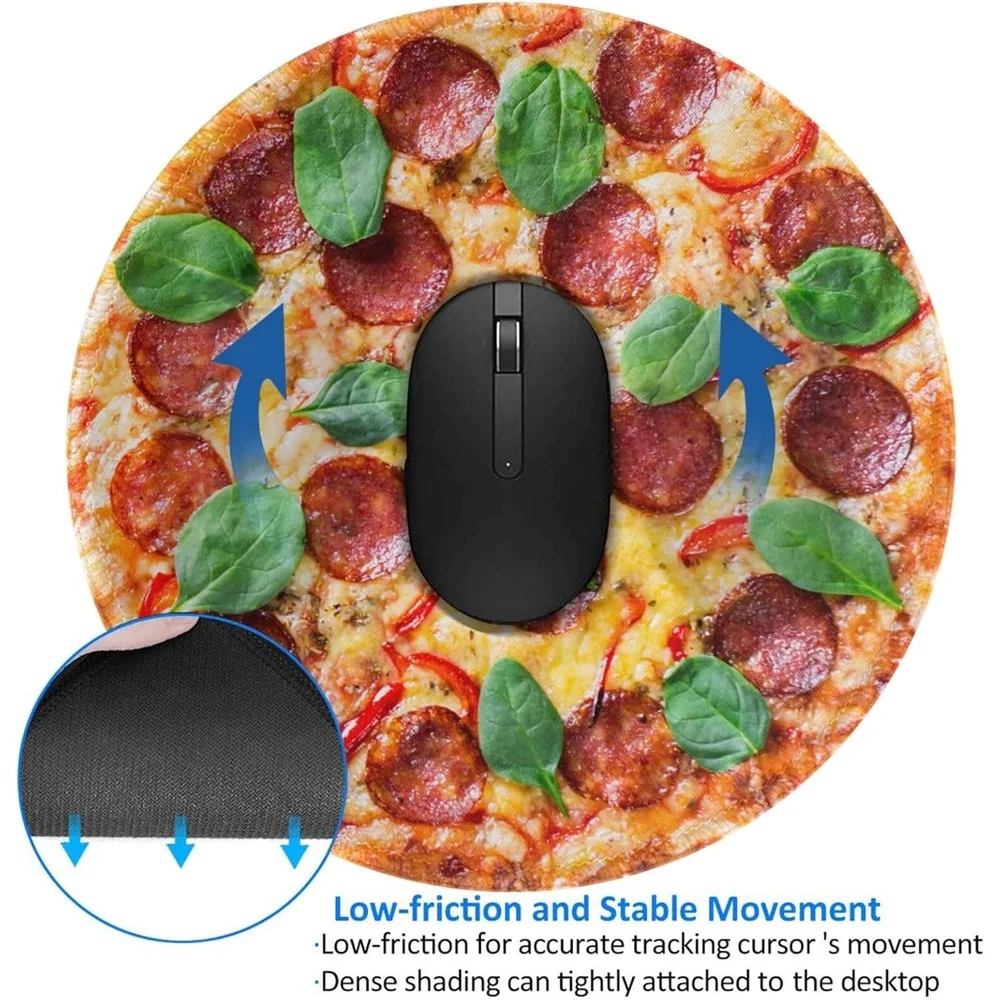 Realistic chili sausage pizza pattern, circular mouse pad, small game, anti-slip rubber base, office desk decoration accessories