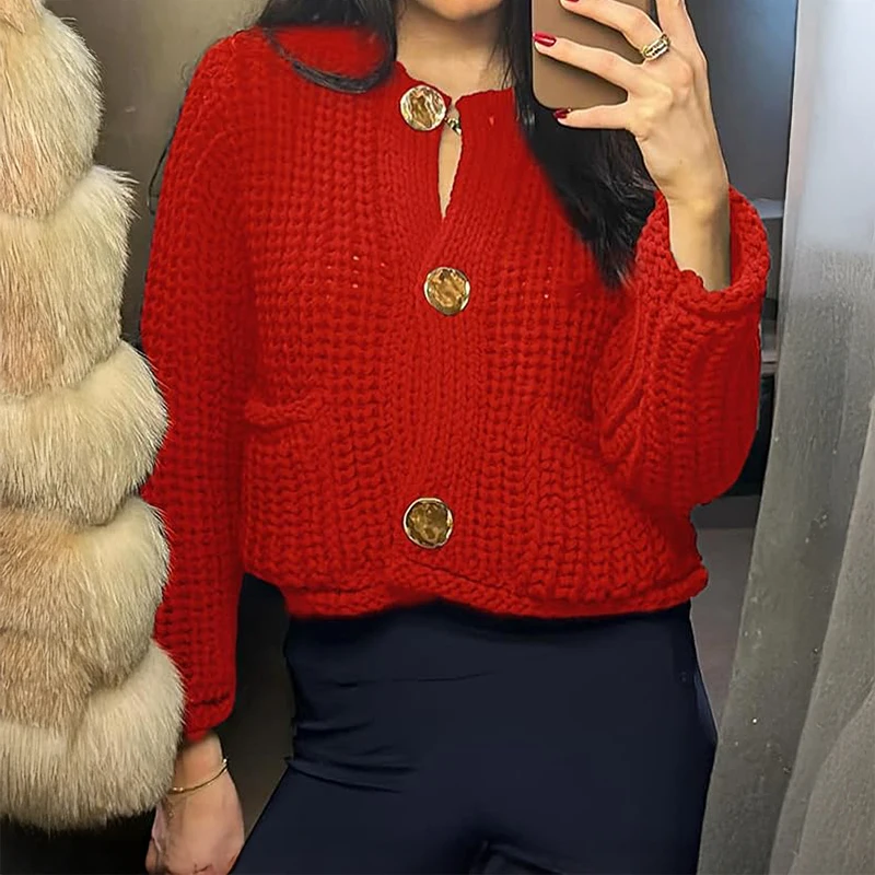 

Женский укороченный кардиган на массивной вязки, свитер с золотыми пуговицами и накладными карманами, V-образным вырезом и длинными рукавами, вязаная куртка, рождественский подарок, осень-зима