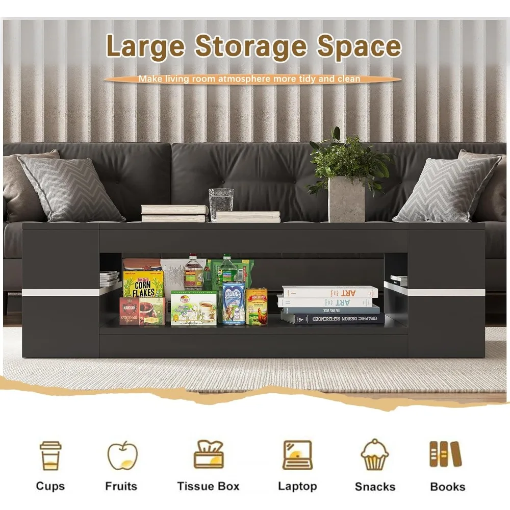 47.2" Modern Stylish Coffee Table with Glass Table Top, Large Living Room Table Rectangular 2-Tier Center Tables with Storage