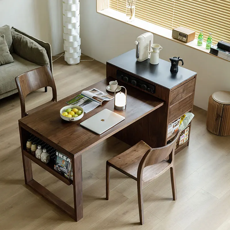 

Black walnut solid wood narrow island dining table integrated retractable restaurant cherry wood log locker island