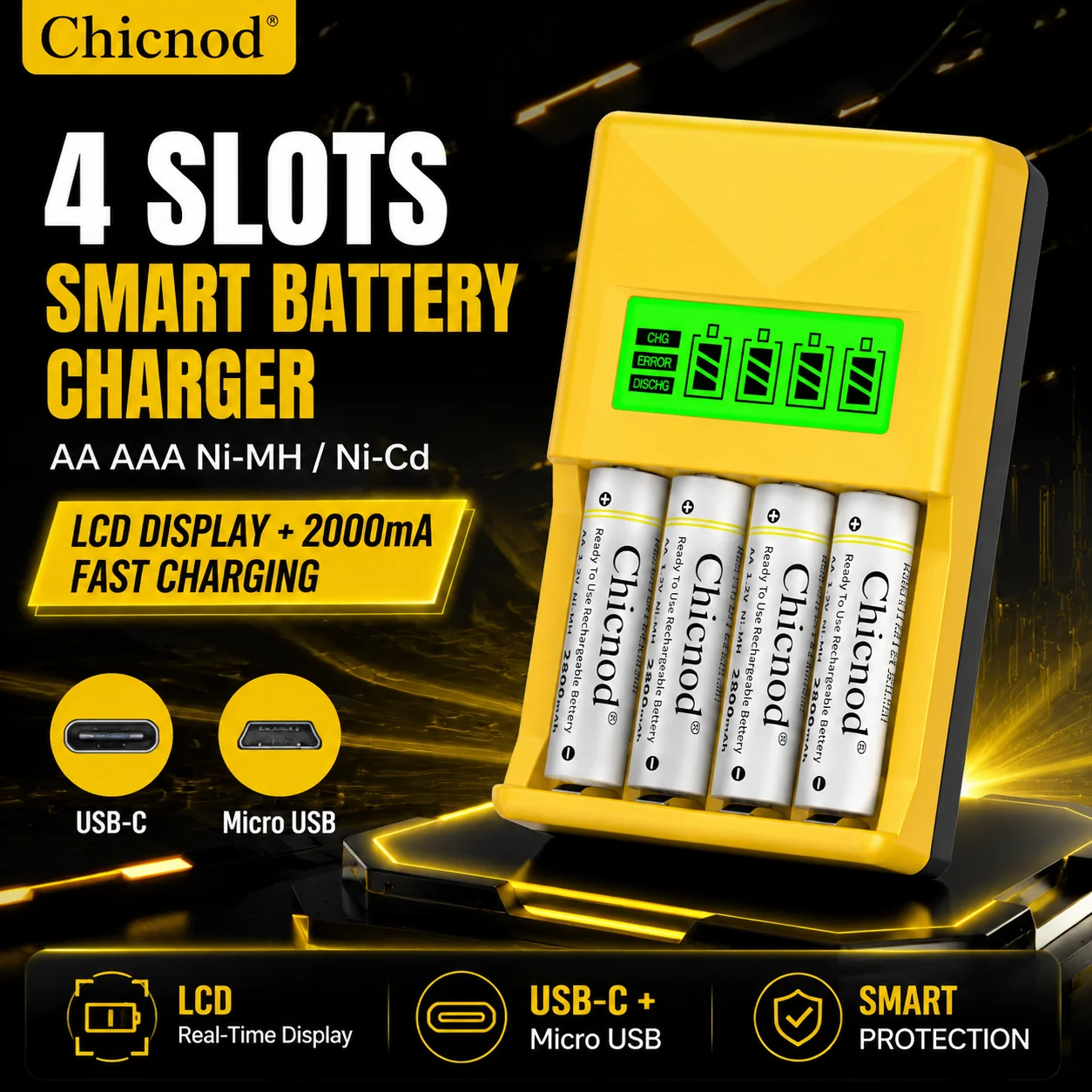 Chicnod LCD007 AA AAA Battery Charger Ni-MH Ni-Cd Rechargeable Battery Charger LCD Display USB Type-C Micro USB Smart Charger