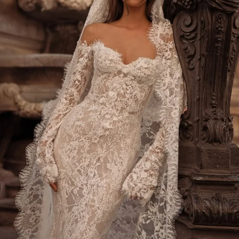 

Customized Simple ivory white Spaghetti Lace Appliques Wedding Dresses Long sleeves Bridal Gowns Made Dress