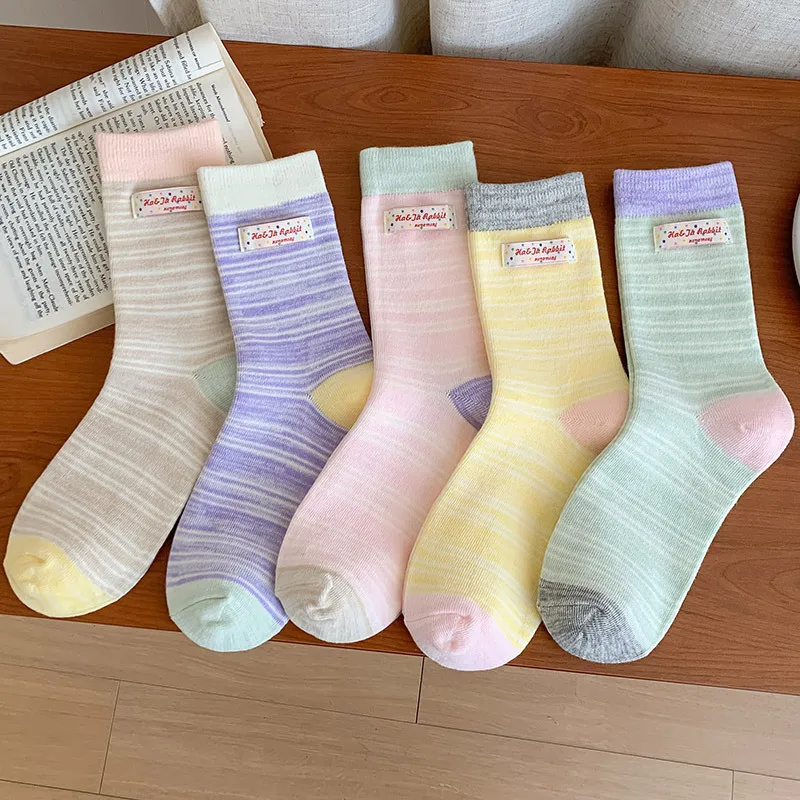 2025 New Women Socks Multicolor Striped Japanese Kawaii Cute Socks Women Casual Cotton Breathable School Girls Middle Tube Socks