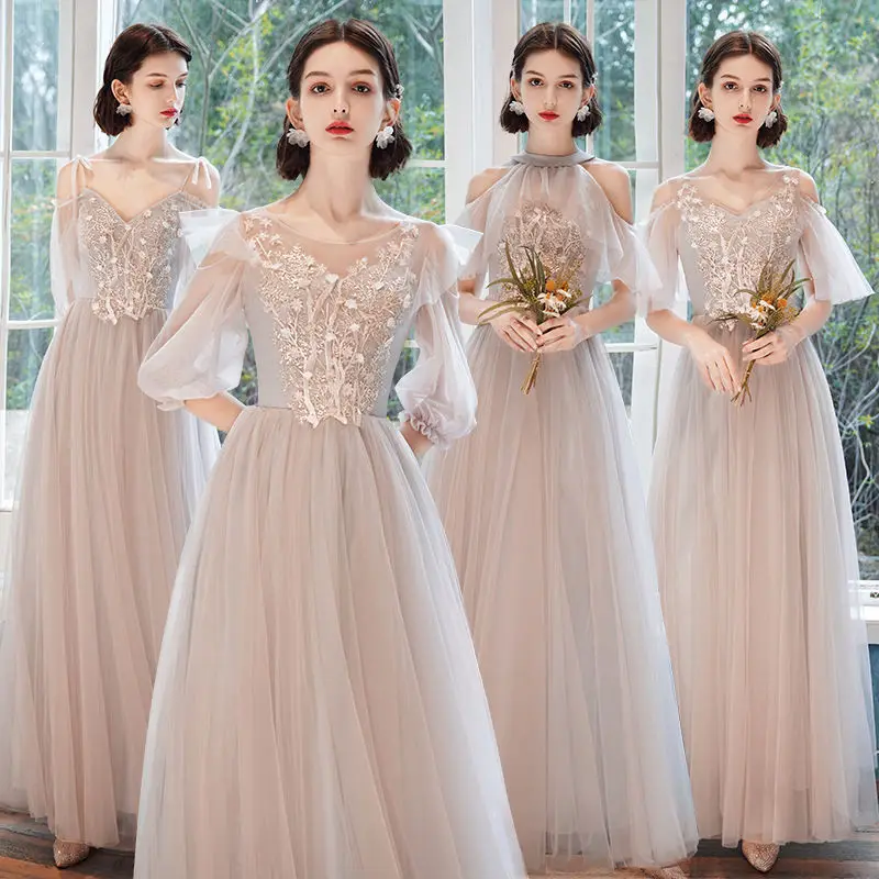 

Pink Off Shoulder Bridesmaid Dress Women V-Neck Appliques A-line Tulle Graduation Dresses Simple Elegant Modern Choir Gown